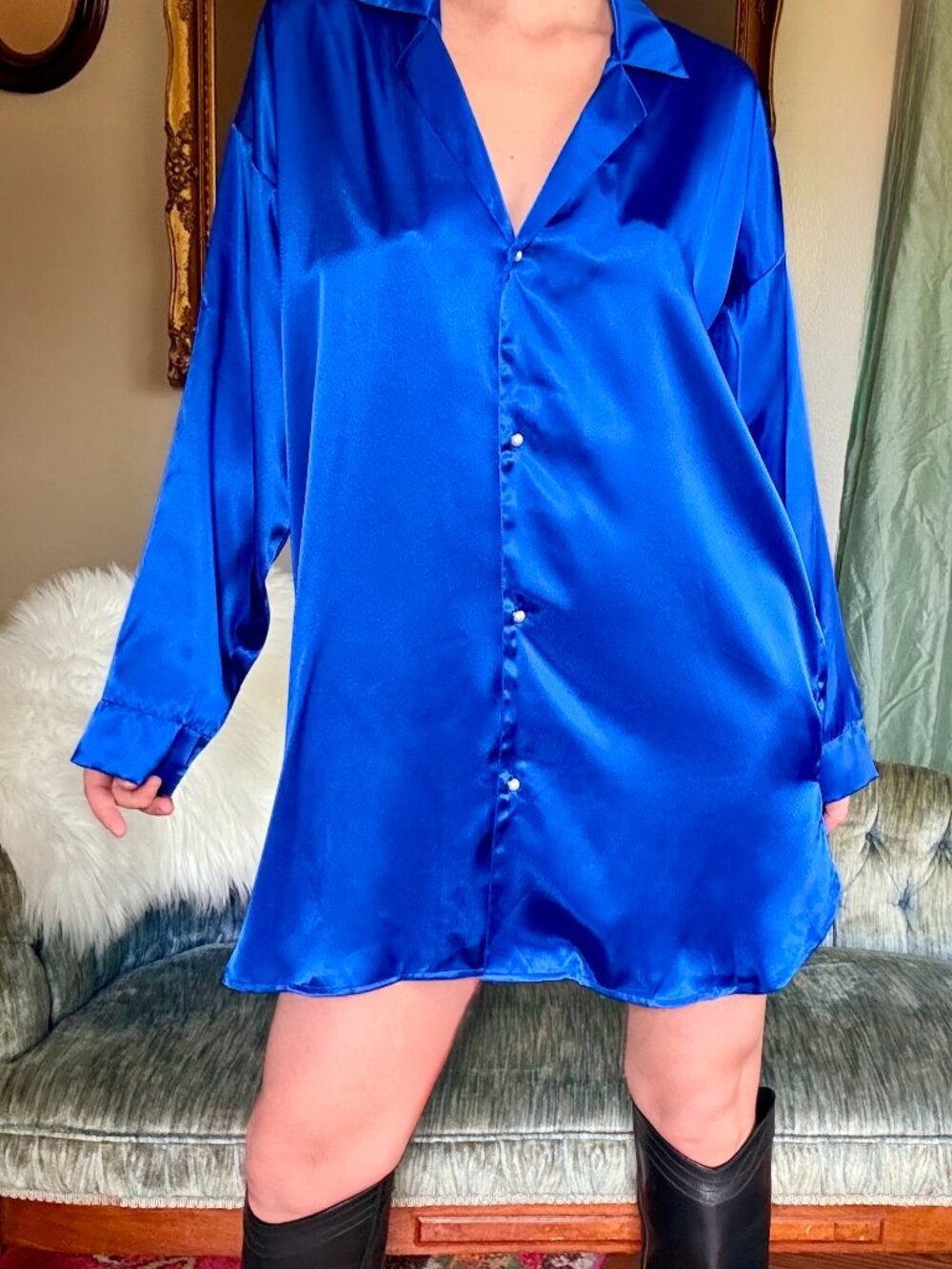 VTG Victoria Secret Gold Label Satin Button Down Shirt Dress Blue Medium NWT